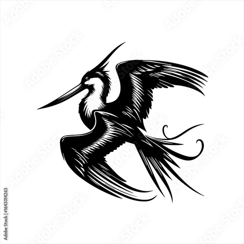 Stylized black and white illustration of a frigatebird in flight