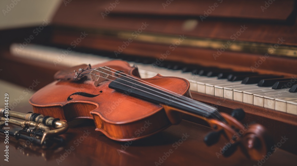Fototapeta premium Classical musical instruments arranged in elegant composition, violin and piano keys with soft glow, warm directional lighting, f/5.6, artistic still life