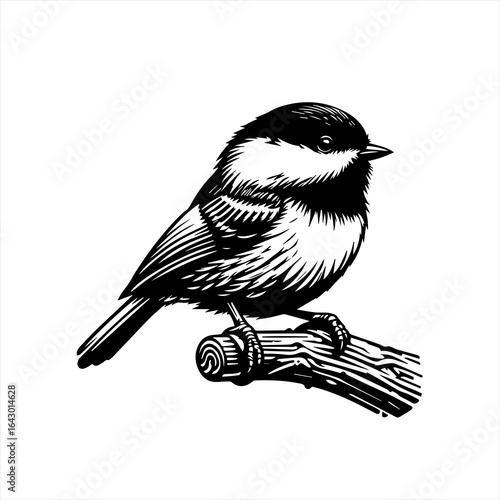 Detailed black and white illustration of a chickadee perched on a branch