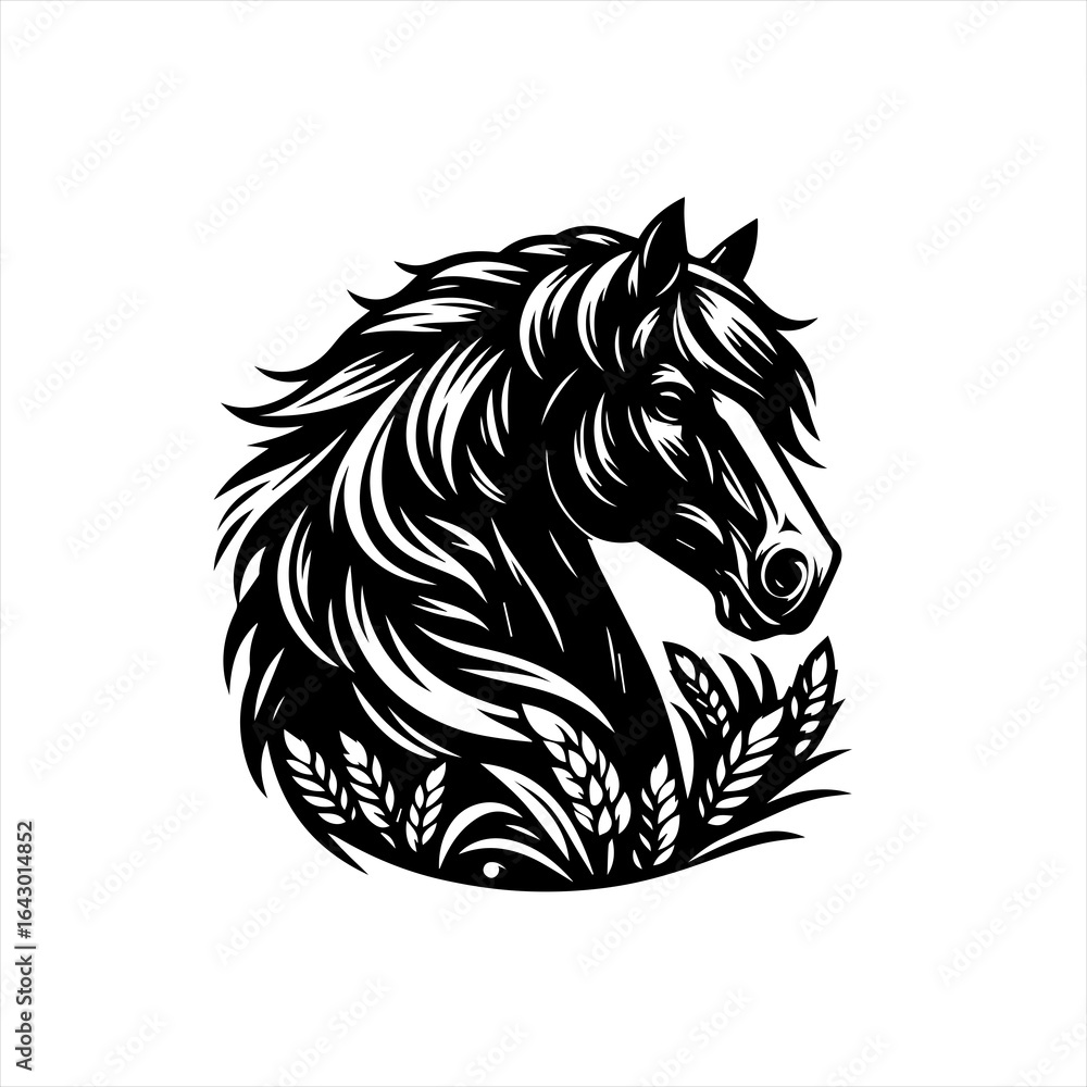 Fototapeta premium Majestic black horse head silhouette with wheat stalks