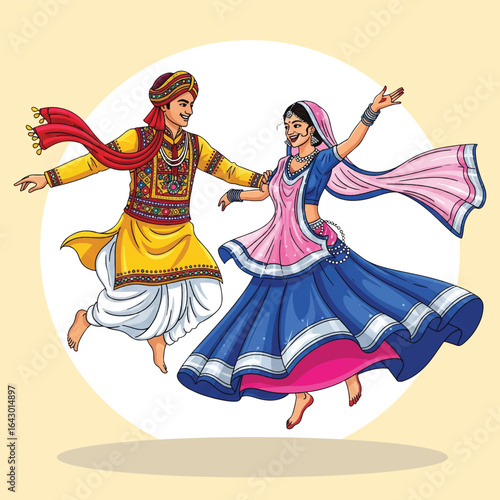 Traditional Indian Couple Performing Garba Dance – Colorful Vector Illustration