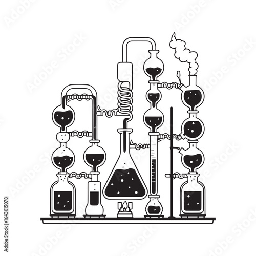 Chemistry laboratory equipment set. Vector illustration of a complex science experiment with flasks, beakers, condenser, and burner. Scientific research or alchemy concept.
