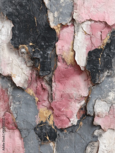 Cracked and peeling paint in pink, gray, and black