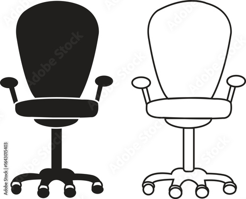 Office chair icons set black flat and outline styles vectors collection, ergonomic furniture bundle, swivel seat silhouette, adjustable backrest symbols, modern workplace seating illustration designs.