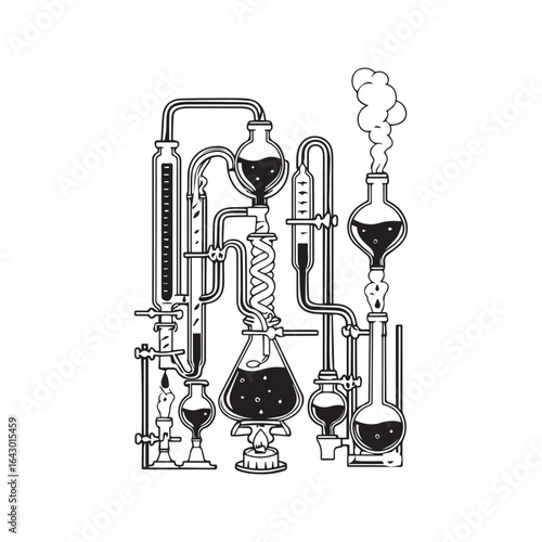 Chemistry laboratory equipment set. Vector illustration of a complex science experiment with flasks, beakers, condenser, and burner. Scientific research or alchemy concept.
