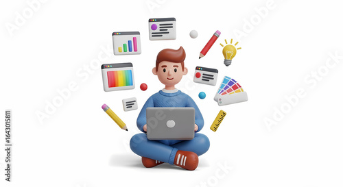 A creative male video editor depicted as a 3D cartoon character, immersed in the multimedia production process with various digital tools.
