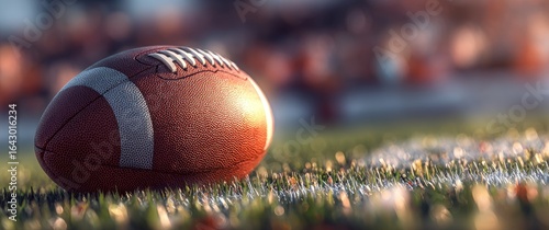 Close-up of a brown leather American football on a grassy field.  Blured background of spectators