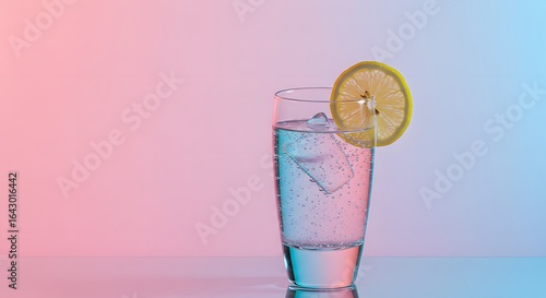 A refreshing glass of sparkling water with ice cubes and a lemon slice garnished on the rim against a vibrant pink and blue gradient background	