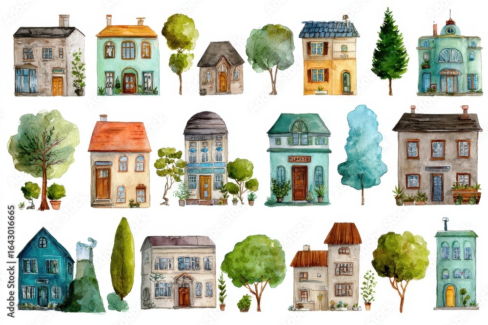 Naklejka premium Small Business Clip Art. Hand-Painted Watercolor Collection of Houses, Trees, and Symbols for Printable Decoration