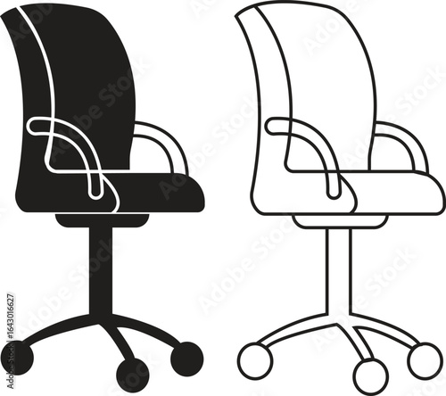 Office chair icons set black flat and outline styles vectors collection, ergonomic furniture bundle, swivel seat silhouette, adjustable backrest symbols, modern workplace seating illustration designs.