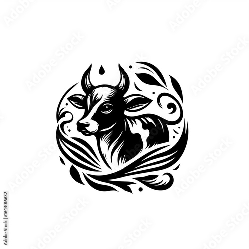 Wallpaper Mural Stylized black and white cow emblem with floral accents Torontodigital.ca