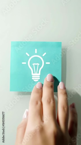 extreme close-up of a slender, gender-neutral hand with manicured nails precisely placing a light-blue sticky note onto a pristine white matte surface, a white icon animates, in an ultra-slow