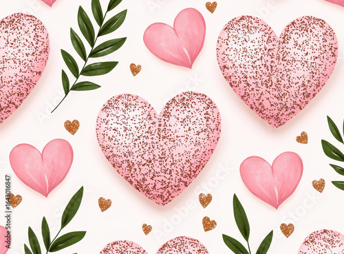 Glittery pink hearts with leaves and small golden hearts on light background