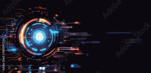A computer screen with a blue circle and orange and red lines. The circle is surrounded by a lot of lines and it looks like a computer screen
