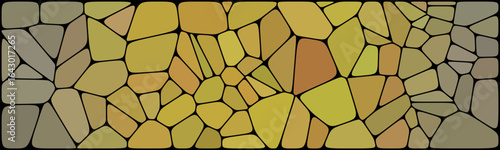 Abstract mosaic pattern with irregular stone-like shapes in warm yellow and brown tones, outlined in black, creating a textured and artistic design.

