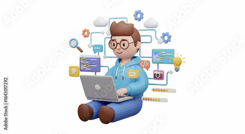 An inflatable 3D cartoon character providing online education and e-learning support, surrounded by academic and time management icons.