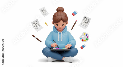 Happy inflatable 3d cartoon of a young woman multitasking on a laptop, surrounded by technology and creative icons.