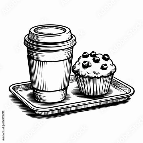 Illustration of Coffee and Blueberry Muffin on Tray Black and White Breakfast Treat for Cafe Menu Design and Food Blog