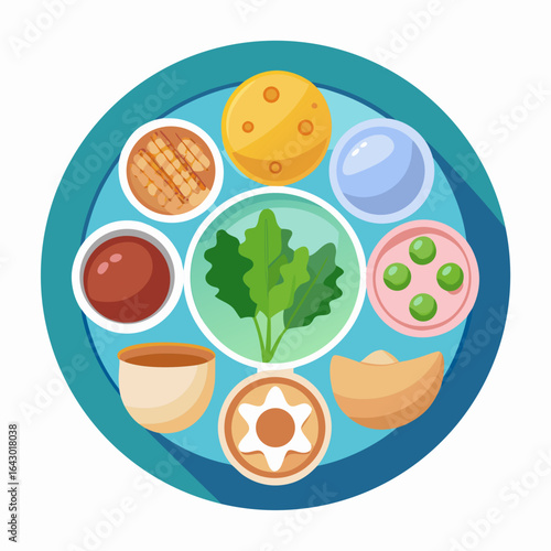 Passover Seder Plate Vector Illustration with Traditional Foods Isolated on White