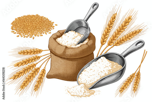 Golden Wheat Harvest Still Life with Flour Sack and Scoops for Baking and Cooking