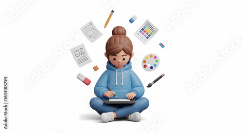 Inflatable 3d cartoon of a young female student focused on digital art, with creative tools floating around her.