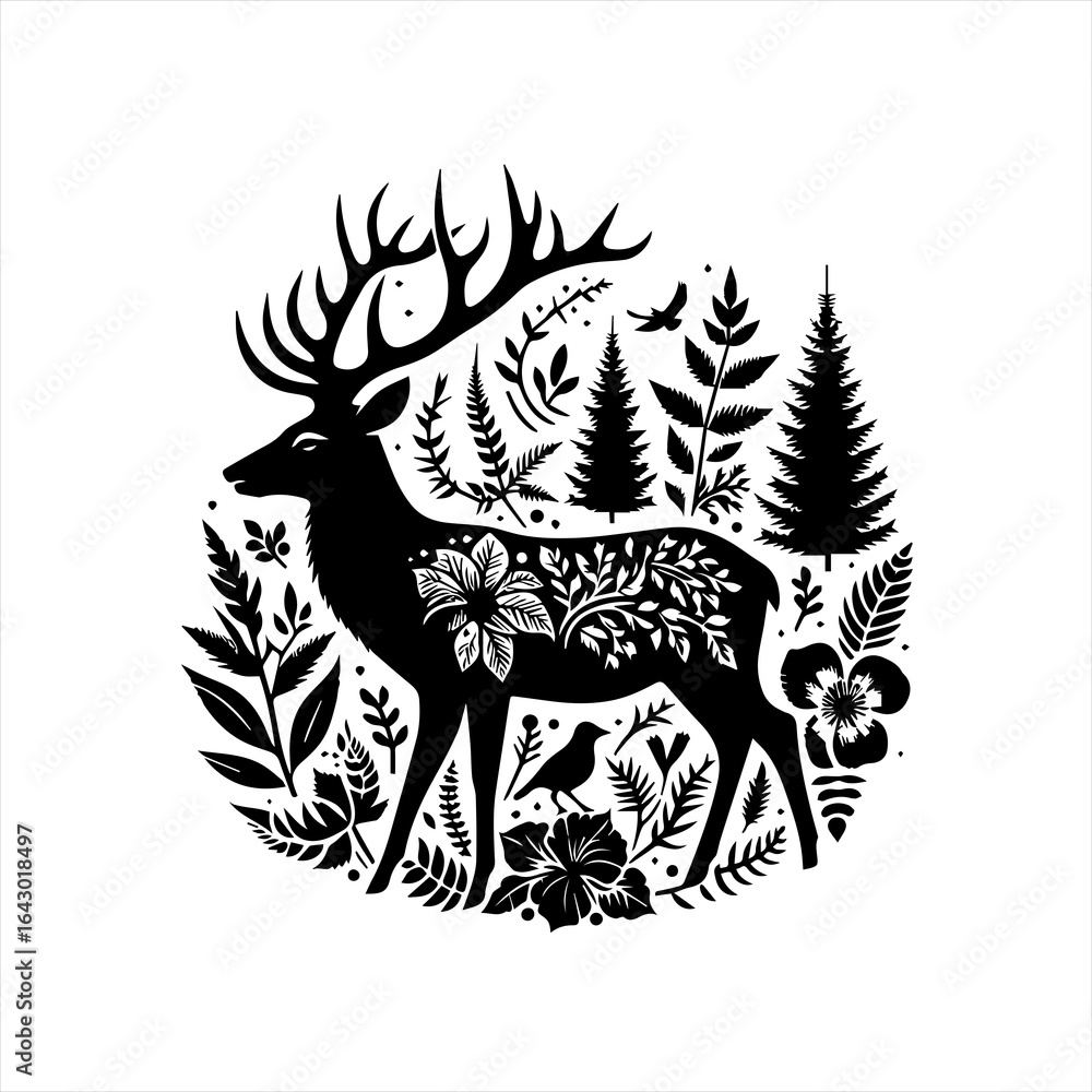 Fototapeta premium Stylized black silhouette of a deer with forest flora and fauna