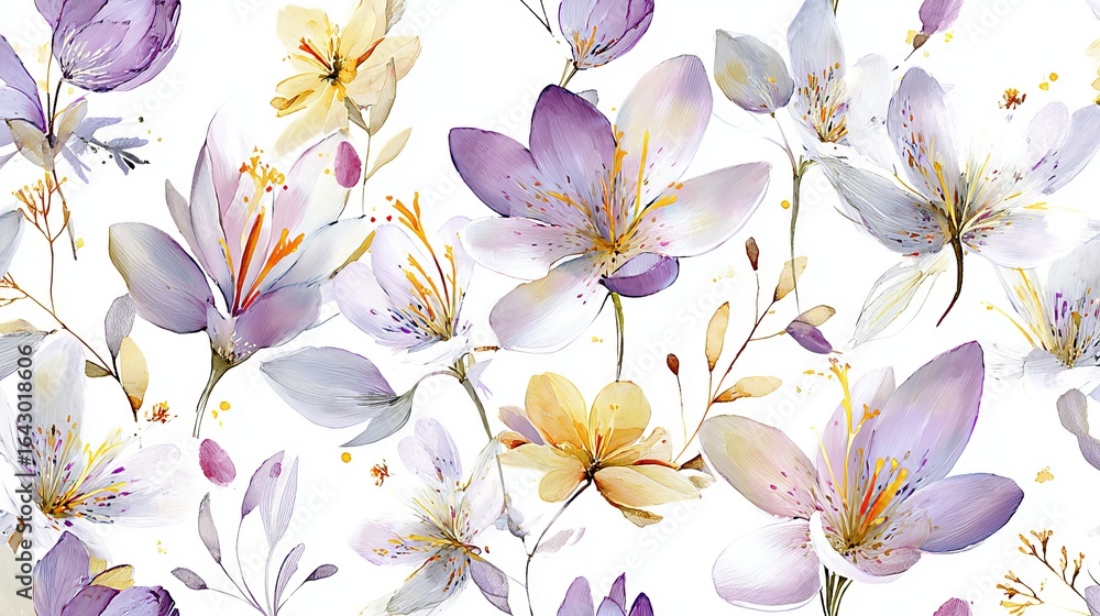 Fototapeta premium A vibrant floral pattern featuring delicate purple and yellow flowers on a white background.