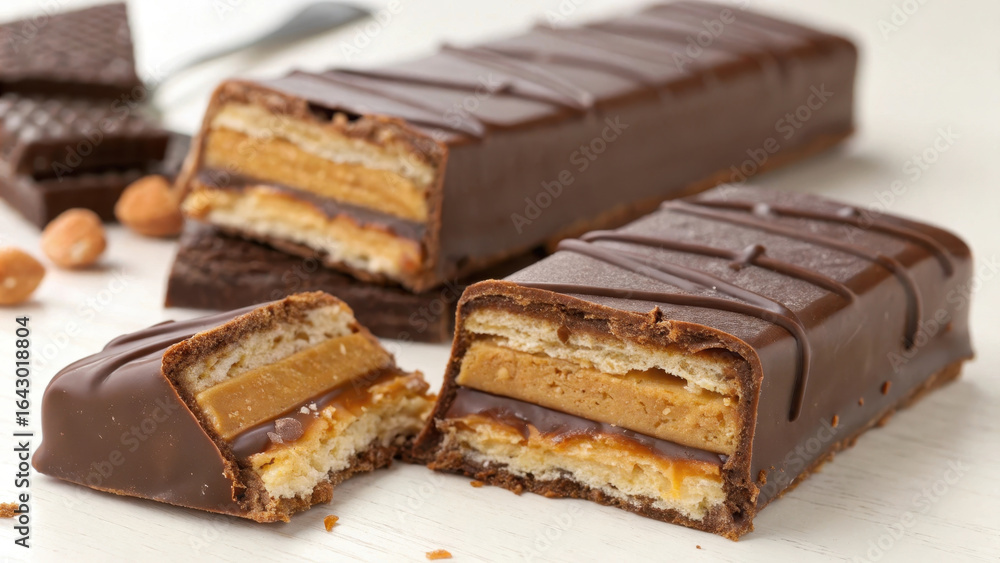 Ultra smooth chocolate bar with layered process of biscuit caramel and peanut butter filling creates delicious food experience Ultra smooth chocolate bar with layered process of biscuit caramel and peanut butter filling creates delicious food experience