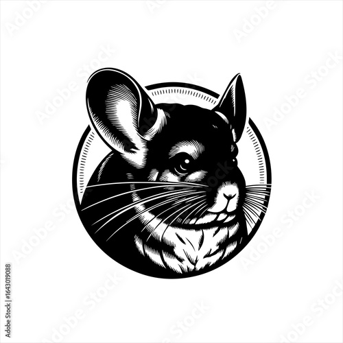 Black and white linocut style illustration of a chinchilla face
