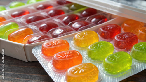 Ultra colorful process food candy in blister pack with shiny surface and joyful mood, closeup on wooden table