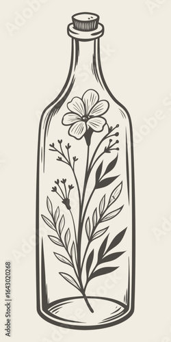 Minimilist botanical illustration of a flower and leaves inside a glass bottle with a cork stopper design vector