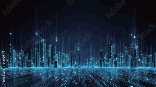 A city skyline is shown in blue with a lot of lights. The city appears to be futuristic and technologically advanced