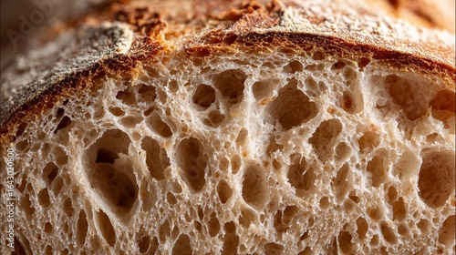 Freshly baked artisan bread with a crusty exterior and soft, airy texture highlighting the intricate bubbles and open crumb structure