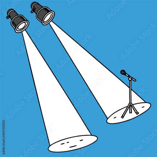 Vector art of spotlights illuminate a microphone on stage, creating a vibrant entertainment atmosphere