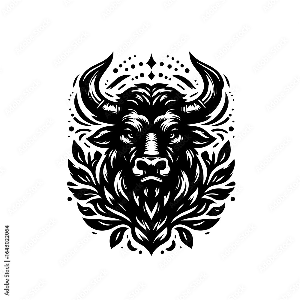 Fototapeta premium Stylized black and white bull head emblem with floral accents