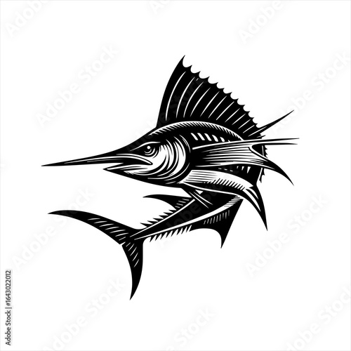 Stylized black and white marlin illustration
