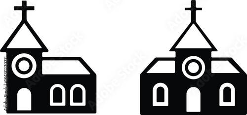 Church building icon set. A collection of flat black vector illustrations representing various church structures in a simple design.Stroke and perfect pixel isolated on transparent background.