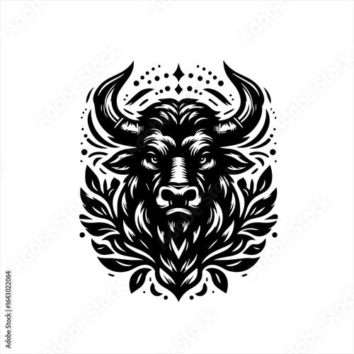 Stylized black and white bull head emblem with floral accents