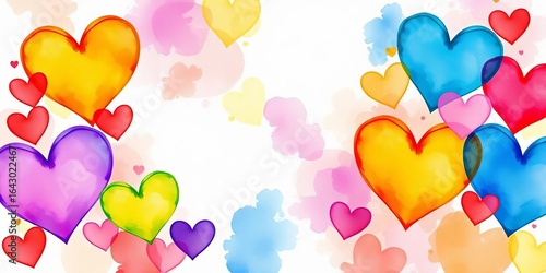 Colorful watercolor hearts vector card template design,   festive,   pattern