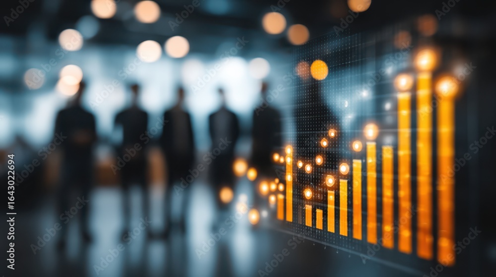 Fototapeta premium A blurred background shows silhouettes of people, while a digital bar graph displays data trends in bright colors, emphasizing a business or financial theme.