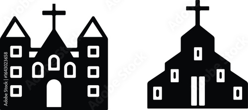 Church building icon set. A collection of flat black vector illustrations representing various church structures in a simple design.Stroke and perfect pixel isolated on transparent background.