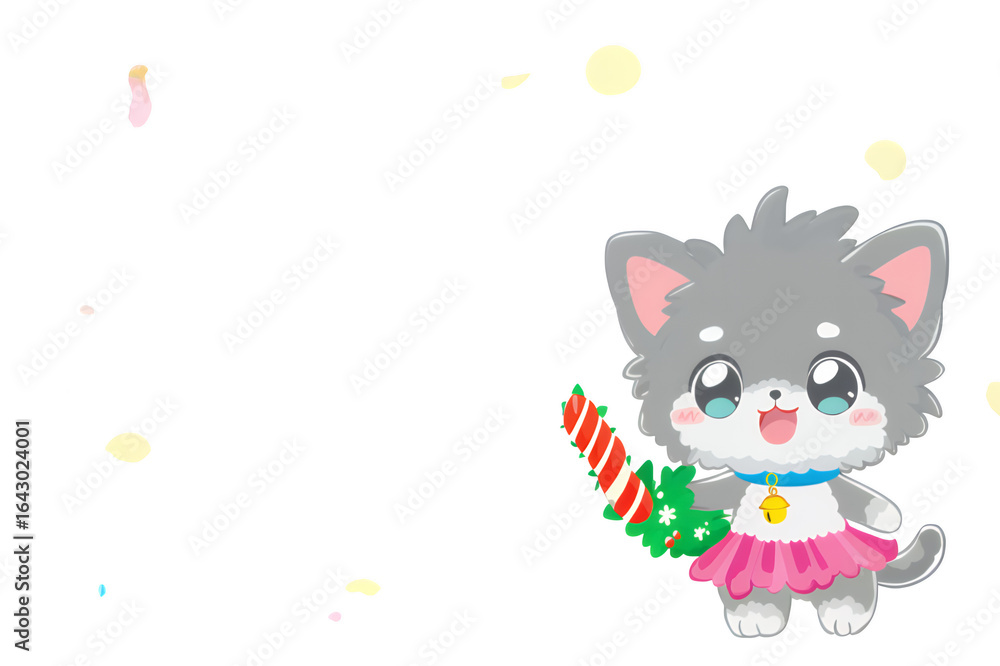 Obraz premium Cute cartoon grey wolf puppy wearing a pink skirt and blue collar holding a candy cane and a christmas tree isolated on transparent background