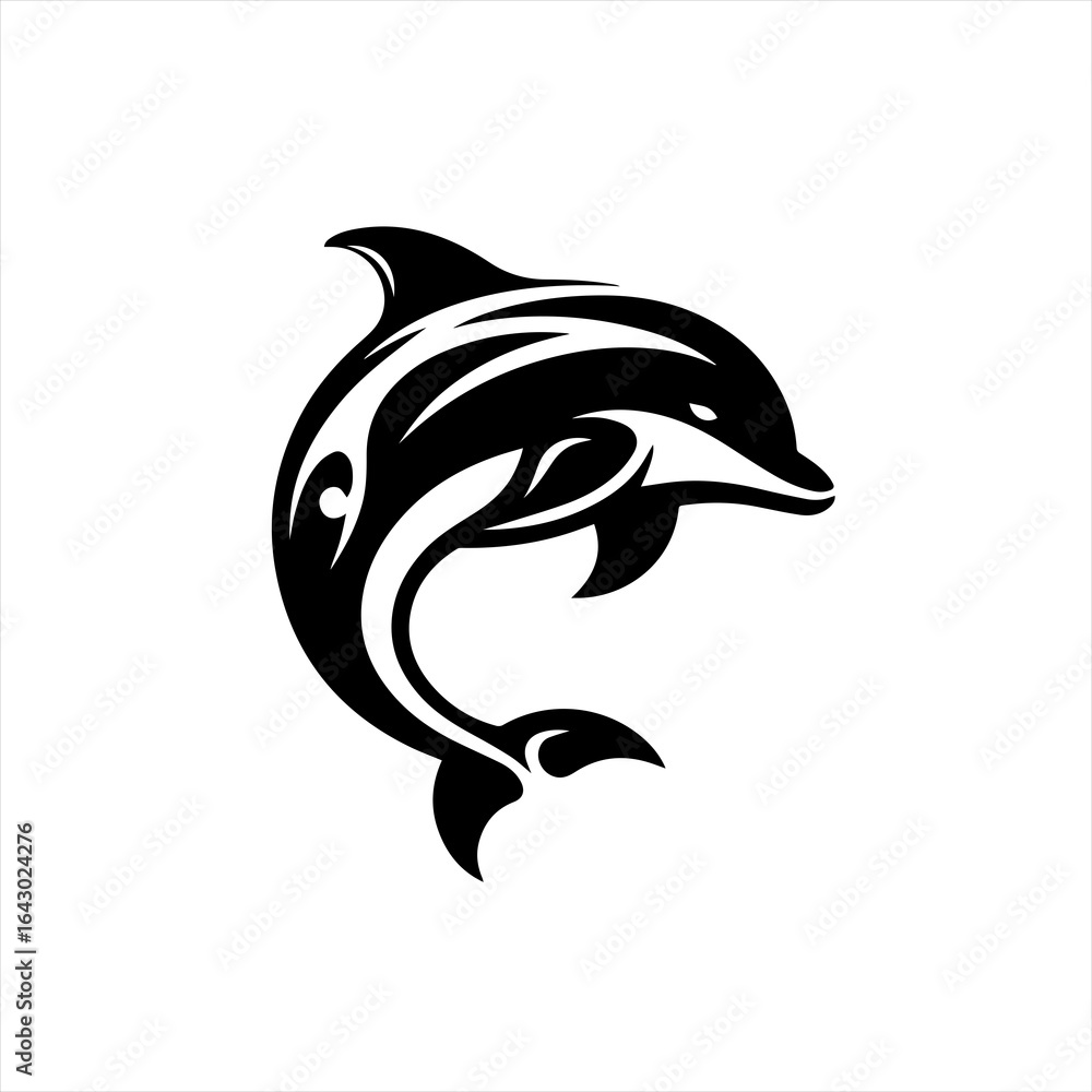 Naklejka premium Stylized black dolphin silhouette with tribal design elements