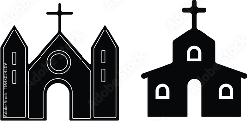 Church building icon set. A collection of flat black vector illustrations representing various church structures in a simple design.Stroke and perfect pixel isolated on transparent background.
