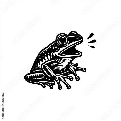Stylized black and white illustration of a singing frog