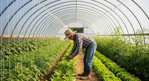 Farmer tending to lush green plants in a large high tunnel greenhouse