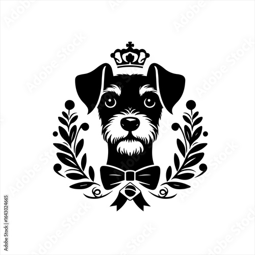 Regal schnauzer dog portrait with crown and bow tie emblem