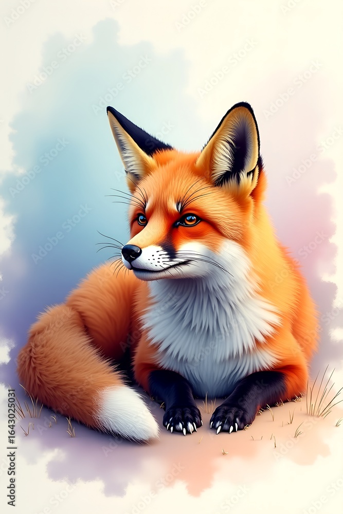 Fototapeta premium A beautiful red fox rests in a softly blurred natural setting