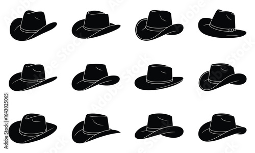 Twelve Black Cowboy Hats in Various Styles on White Background western hat headwear