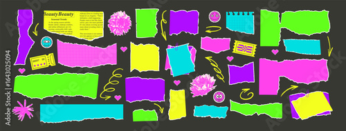 Set of torn punk papers with flowers cutouts. Tear vibrant sheet pieces with arrows and pixels. Blanks with uneven textured edges. Empty colorful callout for text. Vector hand drawn illustration.